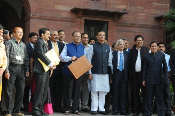 The Union Minister for Finance, Corporate Affairs and Information & Broadcasting, Shri Arun Jaitley departs from North Block to Parliament House along with the Minister of State for Finance, Shri Jayant Sinha to present the General Budget 2015-16, in New Delhi on February 28, 2015.
