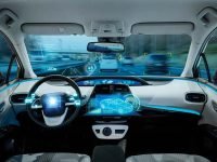 empty cockpit of vehicle, HUD(Head Up Display) and digital speedometer, autonomous car